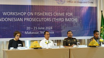 Kajati Sulsel Agus Salim Menyampaikan Welcome Speech Pada Pembukaan Pelatihan Tindak Pidana di Sektor Perikanan Kerjasama Badan Diklat Kejaksaan RI dengan United Nations Office On Drugs And Crime (UNODC)