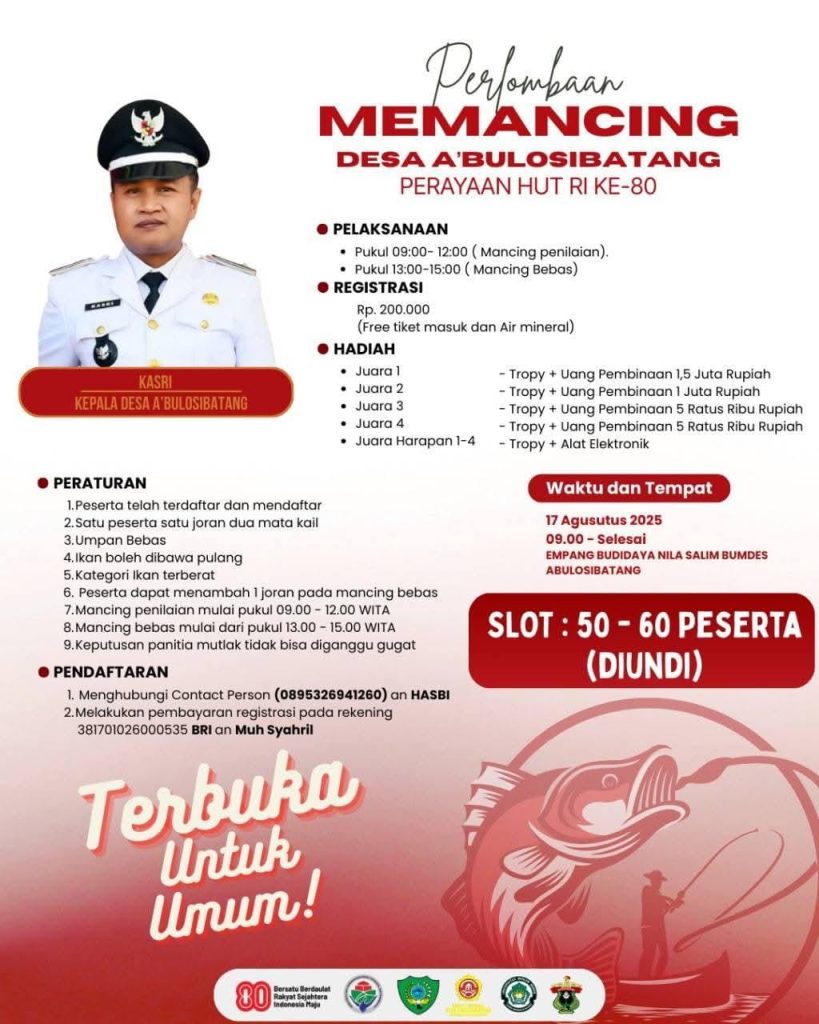 Menyambut HUT RI ke-80: Desa A’bulosibatang Gelar Pesta Rakyat! Lomba Mancing Siap Digelar Besok, Jalan Santai Menyusul!